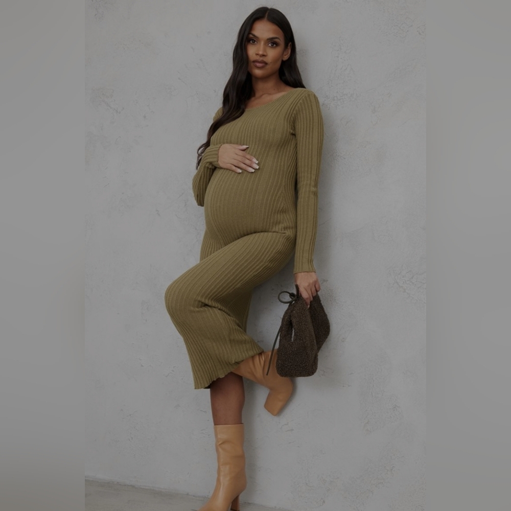 PrettyLittleThing Maternity Khaki Knitted Midaxi Tie Back Bodycon Dress